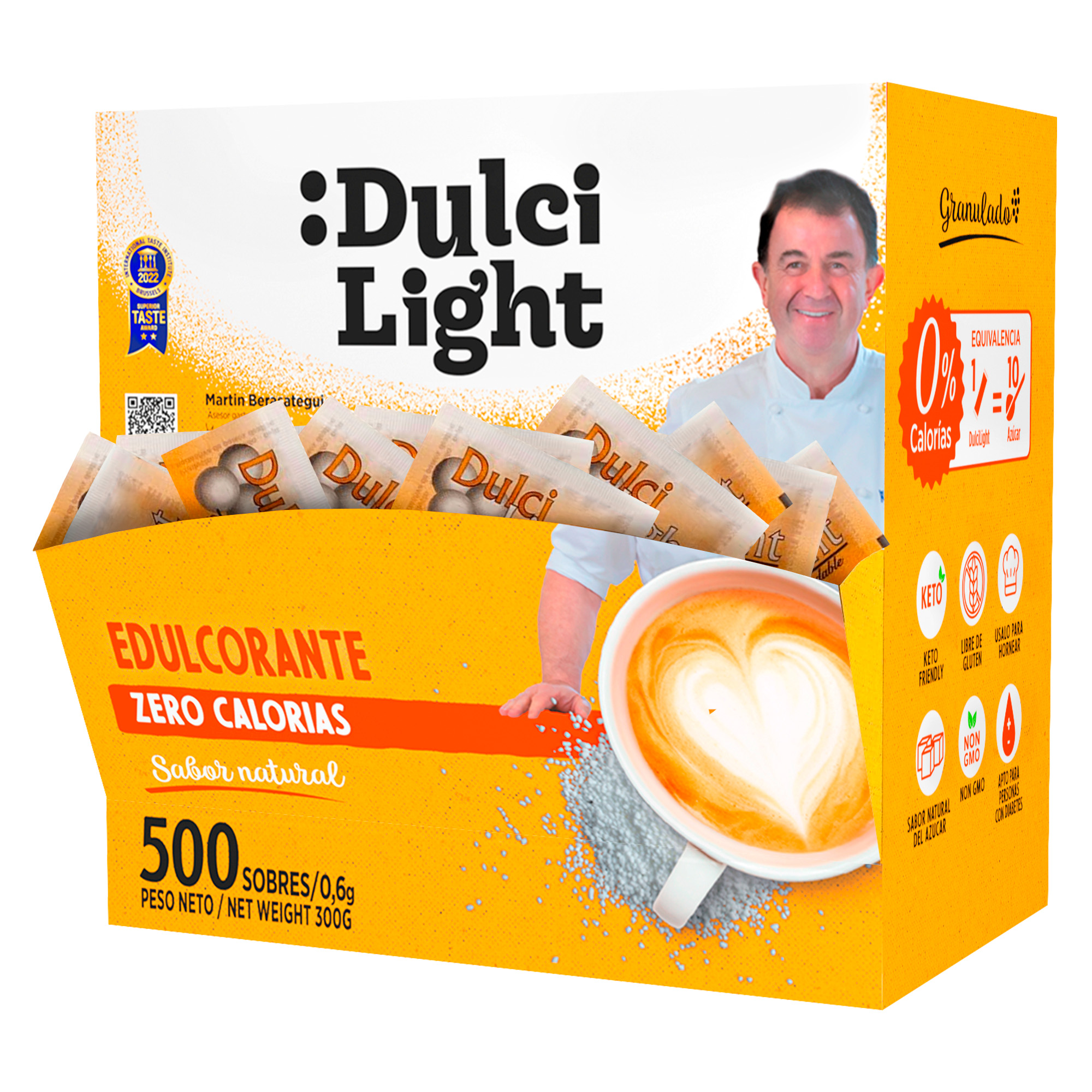 Dulcilight Edulcorante Sucralosa Zero caja de 500 Sobres con dispensador, Sabor Natural, fabricado en España, Granulado con Fibra Vegetal keto 1 sobre 0,6g = 2 cdas de azúcar No OMG edulcorante en sobres