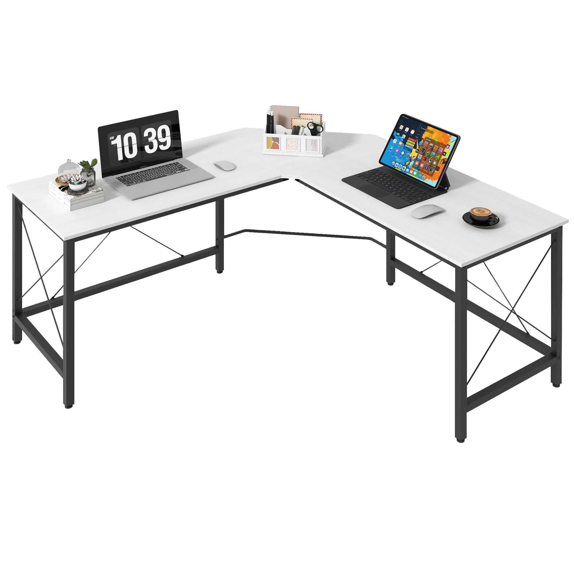 HOMCOM Escritorio en Forma de L Escritorio Esquinero Moderno con Marco de Acero Carga 70 kg para Oficina Hogar Estudio 150x150x76 cm Negro