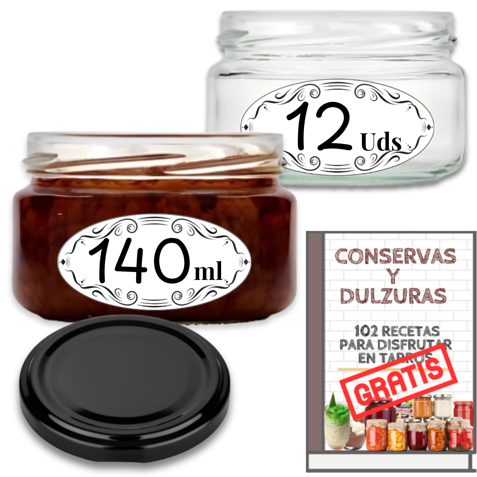 MundoTarros 12 Tarros de Cristal de 140 ml con Tapa Metálica de Rosca + Ebook 102 Recetas - Tarros para Yogur, Postres, Mermelada + Etiquetas, Frascos de Vidrio Reutilizables y Herméticos
