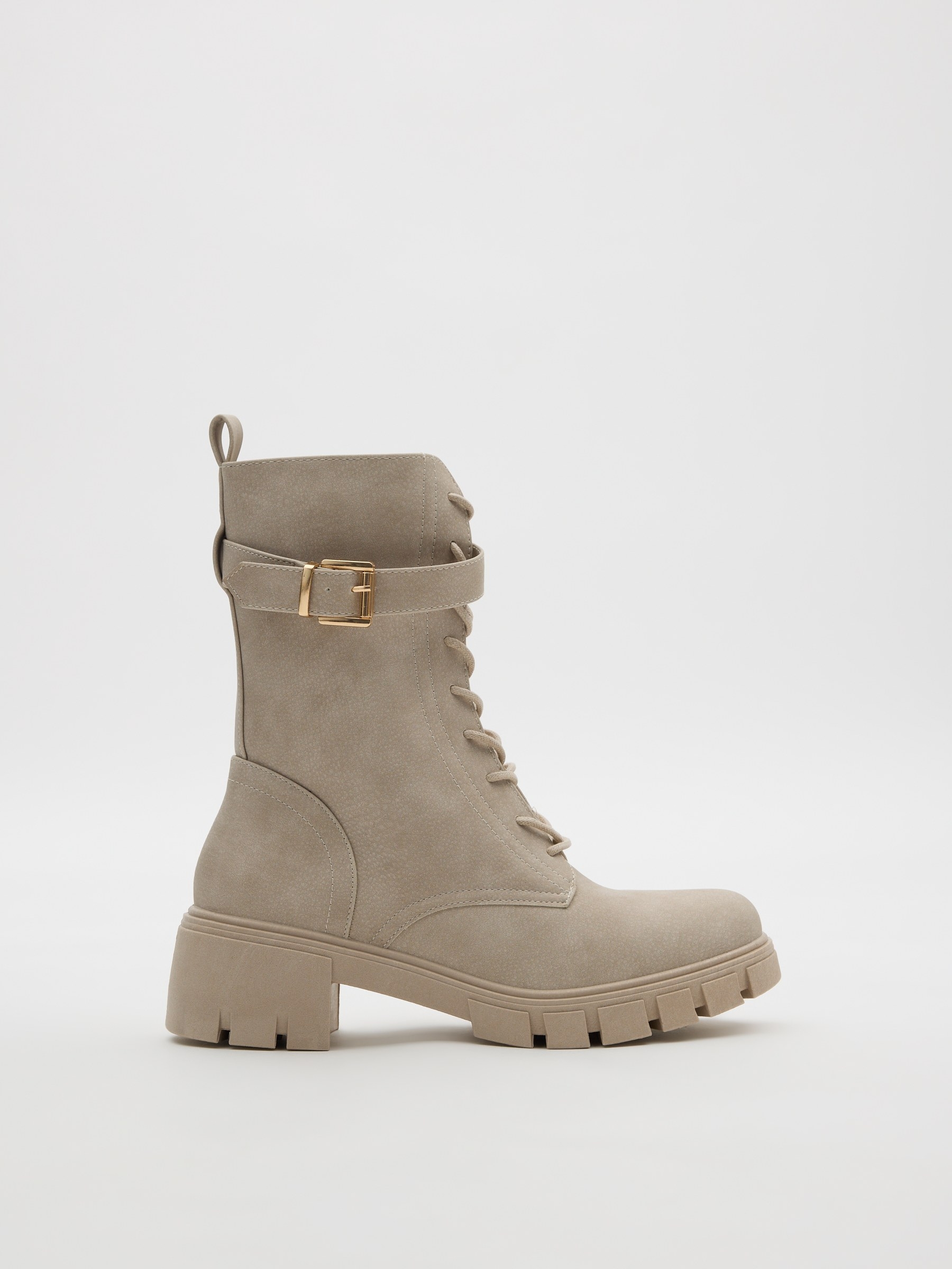 Botines militares con cordones, hebilla, cremallera lateral y suela gruesa INSIDE
