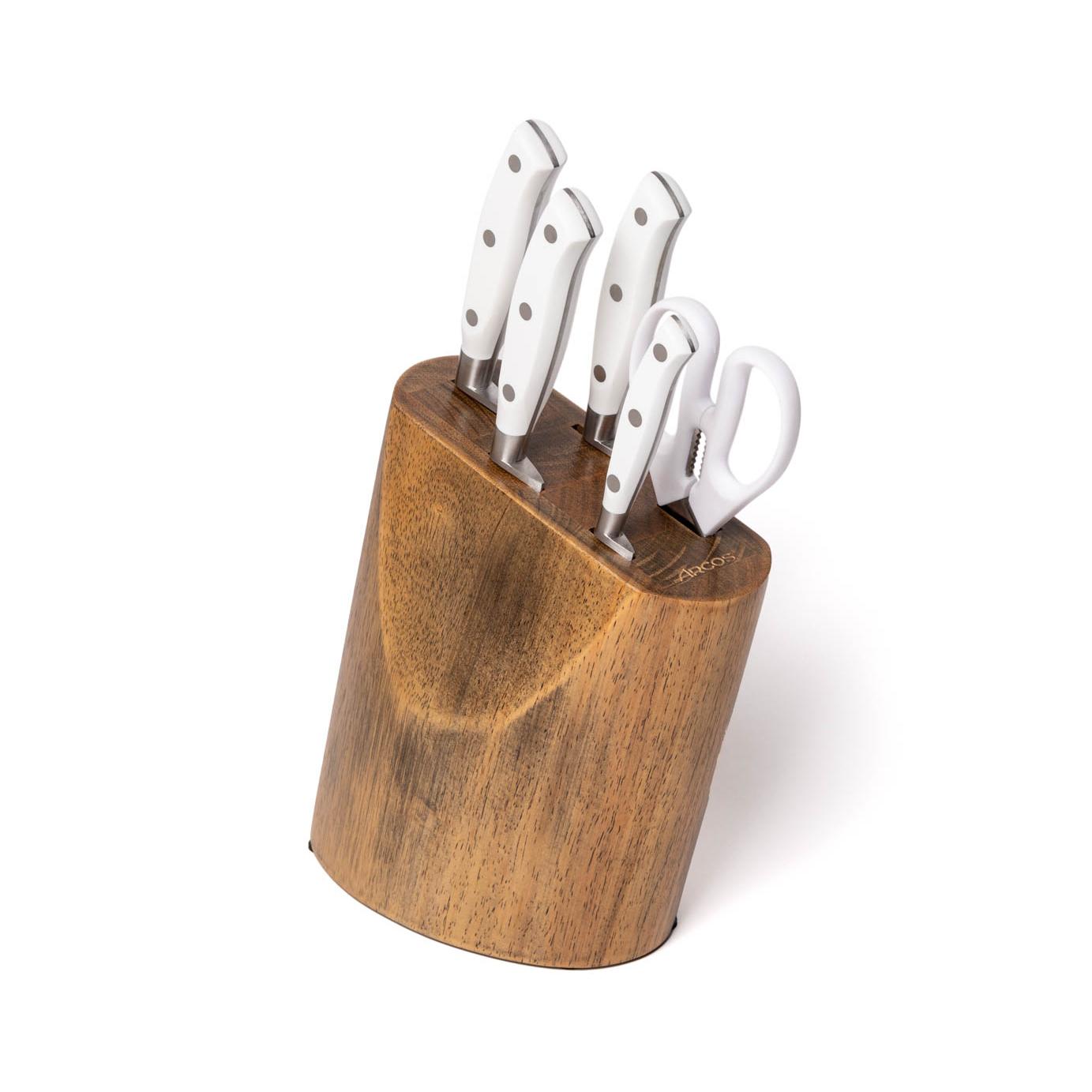 Arcos Set Cuchillos Forjados 5 piezas - Acero Inoxidable Nitrum. 3500 gr. Mango Ergonómico Polioximetileno POM. Serie Riviera Blanc. Hoja delgada con un Borde Suave característico. Color Blanco.