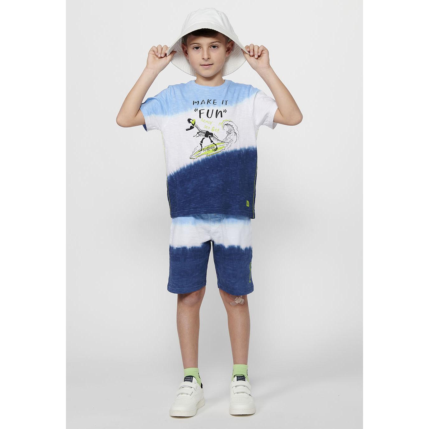 Koroshi - Camiseta niño manga corta surfera con estampado 'Make it Fun' y efecto tie-dye azul, 100% algodón suave y transpirable para verano