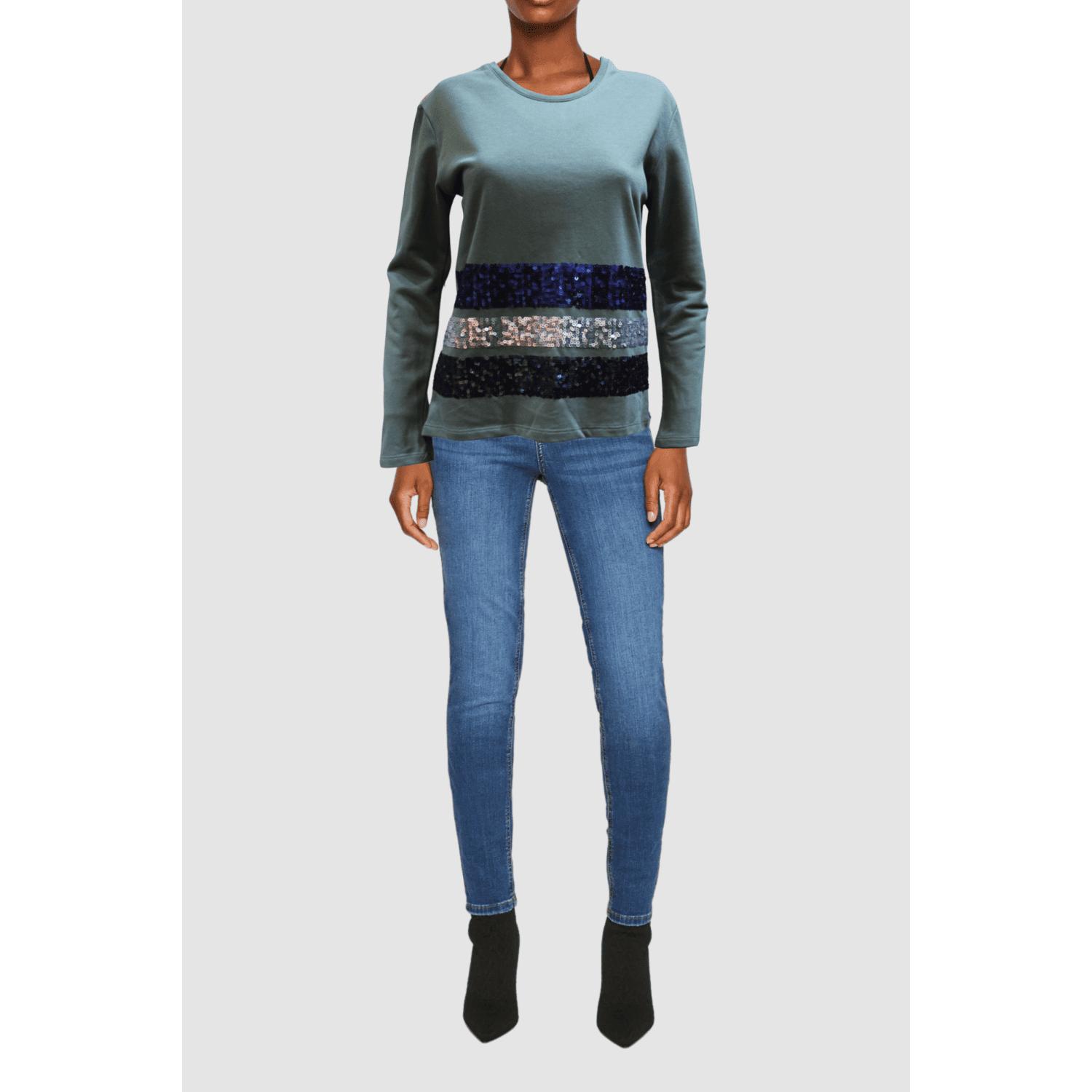 Sudadera mujer casual, jersey, suéter clásico con franjas de lentejuelas, corte regular, estilo urbano, material suave, color verde oliva, talla 38, destaca brillo sofisticado, cómoda, versátil, ideal looks streetwear ✅Entrega 24/48h