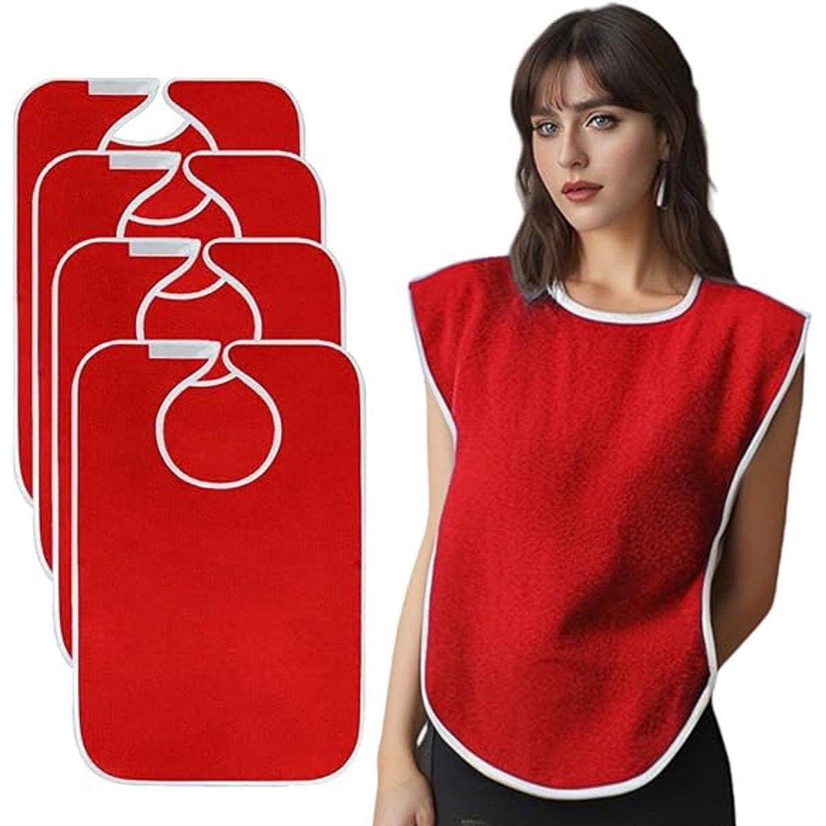 Baberos para adultos - Baberos para personas mayores, mujeres - Baberos para hombres - Baberos de tela de rizo - Baberos ajustables - Protectores de ropa, rojos, paquete de 4