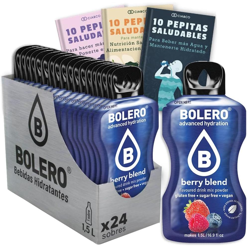 Bebida Bolero sabor Frutos Rojos, Pack 24 sobres (24x9g). Bebida en polvo sin azúcar con una mezcla de bayas, enriquecida con Vitamina C y Stevia.