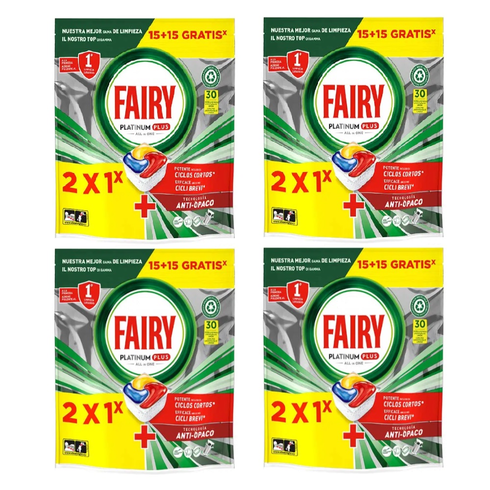 FAIRY Platinum Plus Capsulas Para Lavavajillas 15+15, Pack 30x4 Total 120 Capsulas, Todo en Uno, Limpieza Impecable, Elimina los Restos Difíciles y Restaura el Brillo Original, Aroma a Limon, Eficaz en Ciclos Cortos