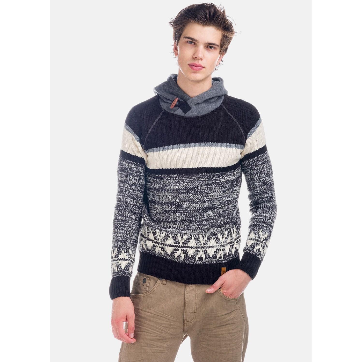 Koroshi - Jersey de punto grueso para hombre con capucha de felpa en contraste, rayas en pecho y cenefa jacquard nórdica, 100% acrílico