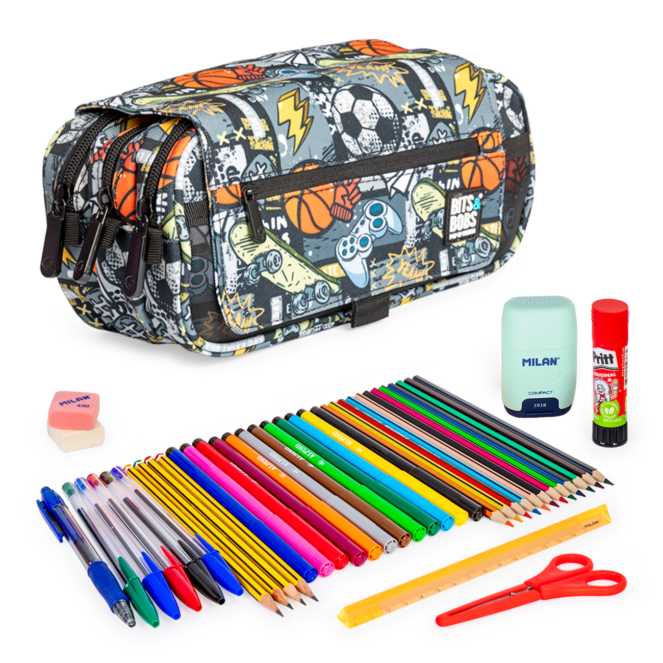ColePack Design - Estuche Triple de 3 Cremalleras con Material Escolar Incluido. Free Sport