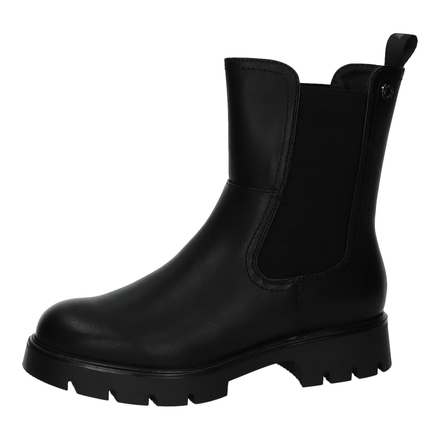 Botines marca REFRESH para mujer en color negro. Calzado Chelsea, Material Sintético Vegano, Laterales Elásticos, Suela Plana Ancha y Dentada, Botas Casual Cómodas