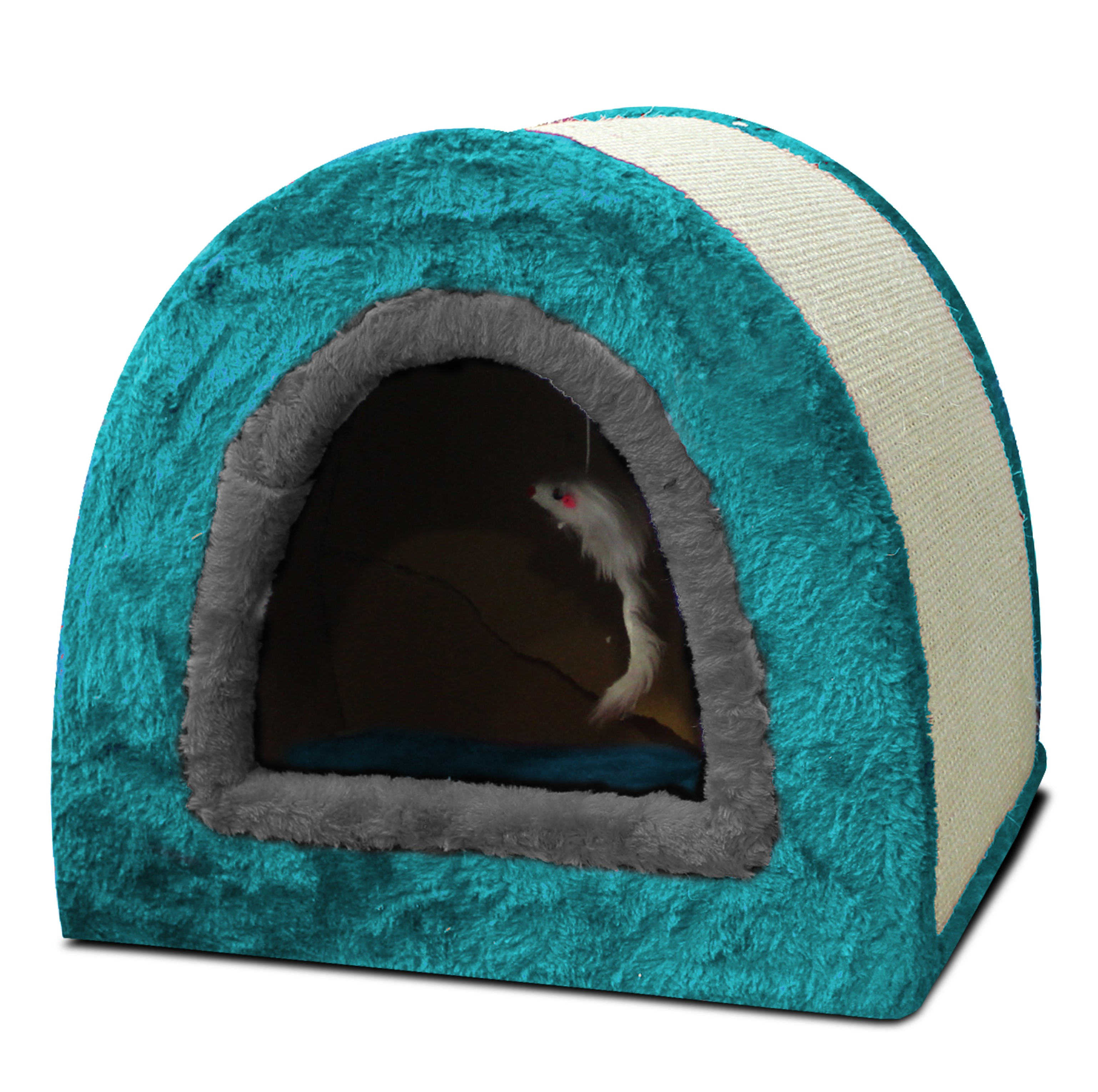Casa Cueva para Gato Azul con Rascador, Camita Interior Suave, Refugio Acogedor para Mascotas, Rascador para Afilado de Uñas, Diseño Moderno para Hogar