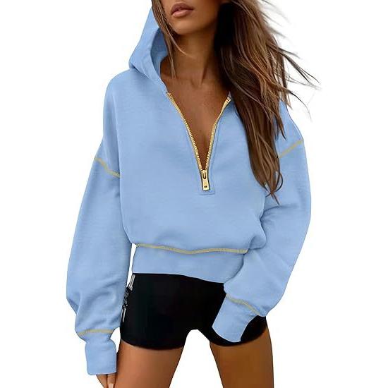 Sudaderas con capucha para mujer, manga larga, media cremallera, recortadas, sin botones, ropa de moda
