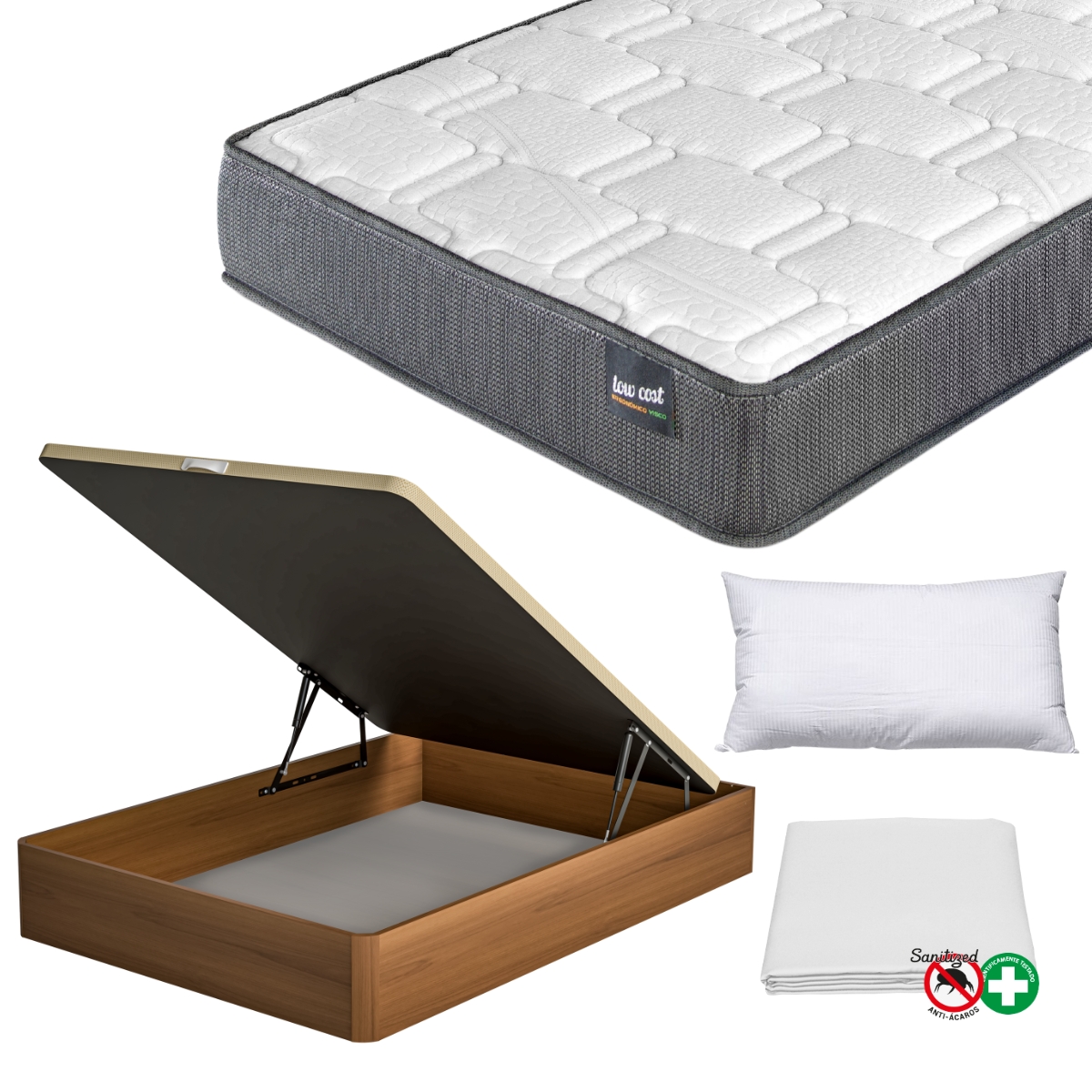 FACTORY COLCHÓN - Pack Colchón Viscoelástico LowCost + Canapé De Madera Hard + Almohada + Funda De Colchón