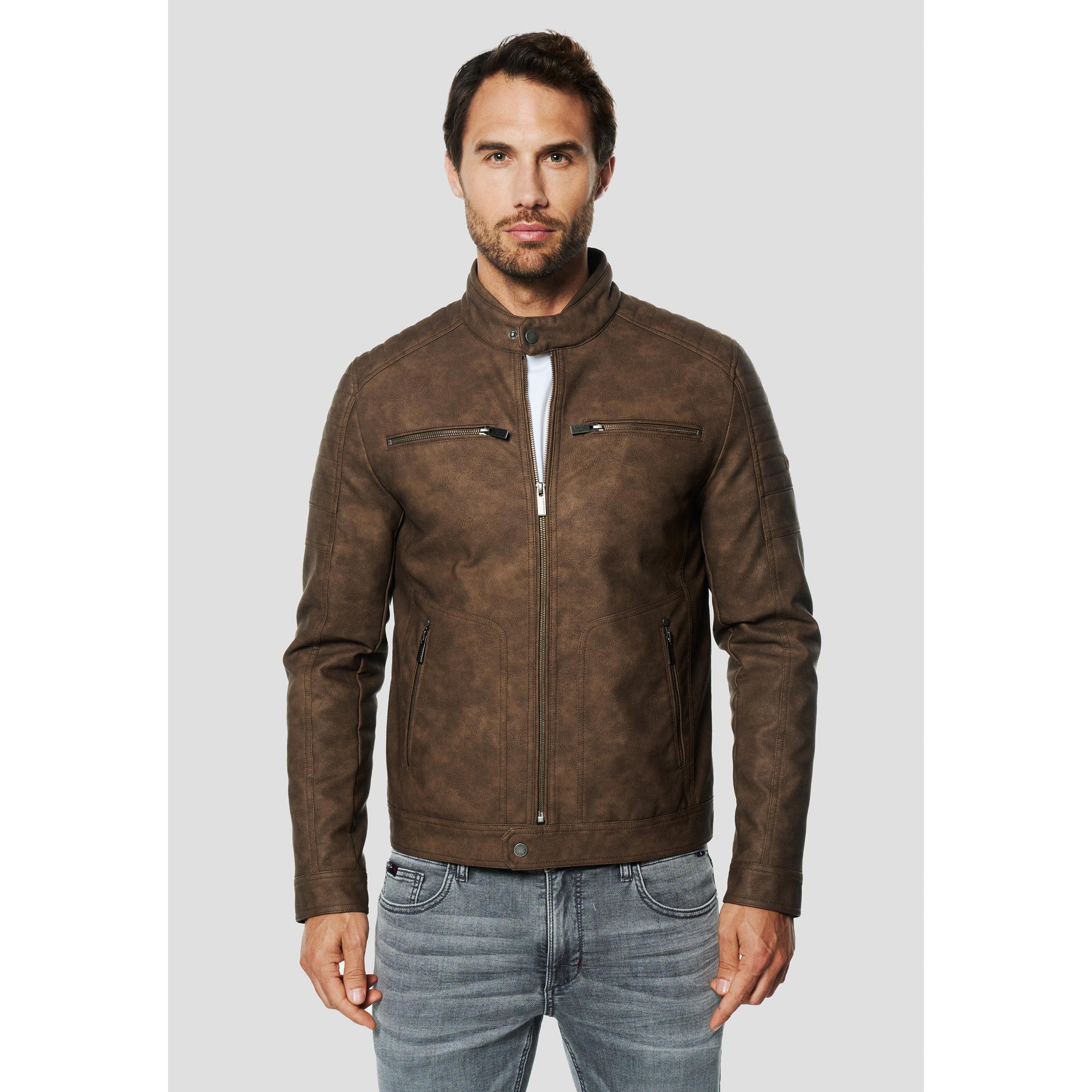 Koroshi - Chaqueta biker efecto piel 100% poliéster para hombre, cortavientos y resistente al agua, color marrón