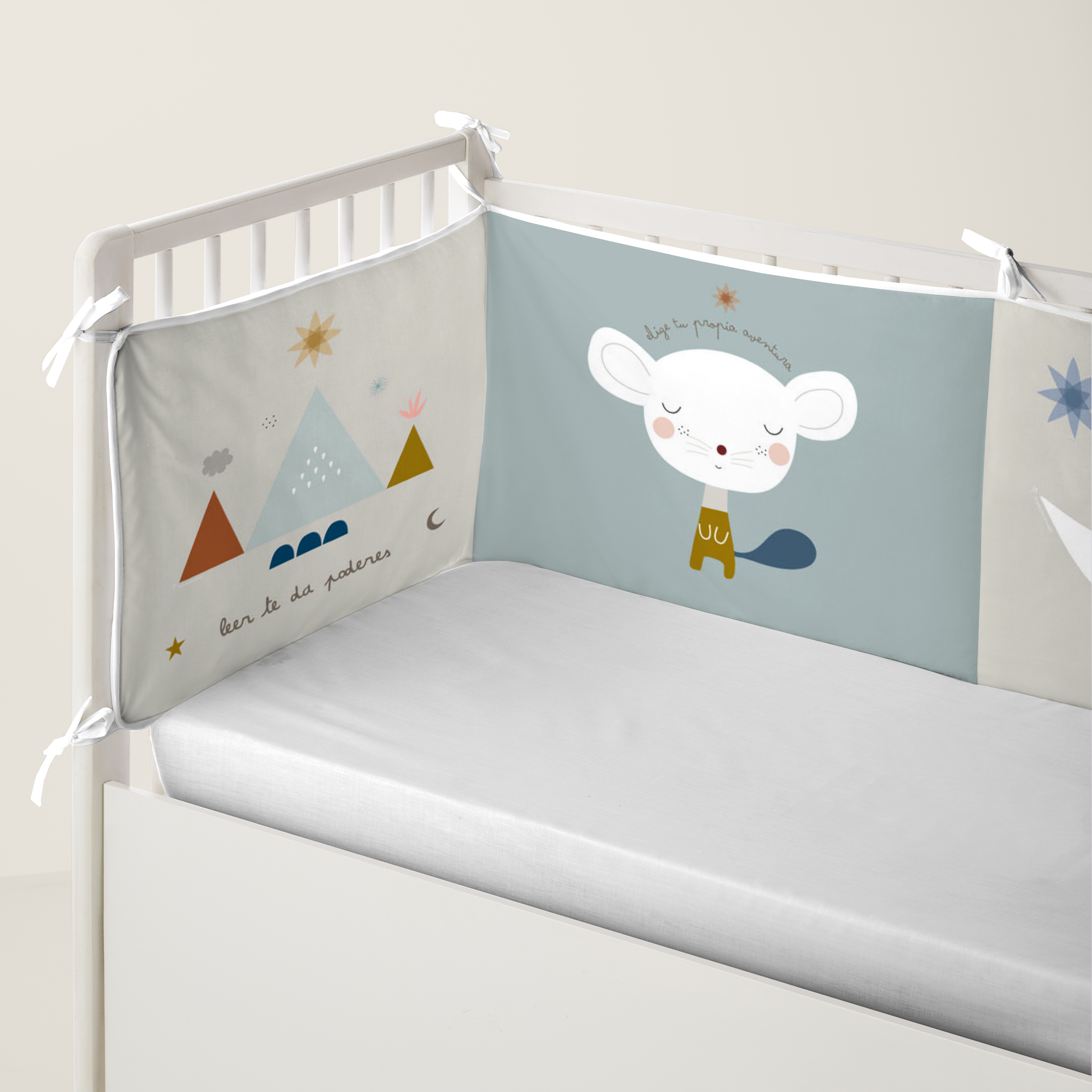 HACIENDO EL INDIO - Protector de Cuna Chichonera 100% Algodón - Protector Acolchado Antigolpes con Cintas de Sujeción - Medida 60x60x60+40 cm - 32 Modelos - Fabricado en España