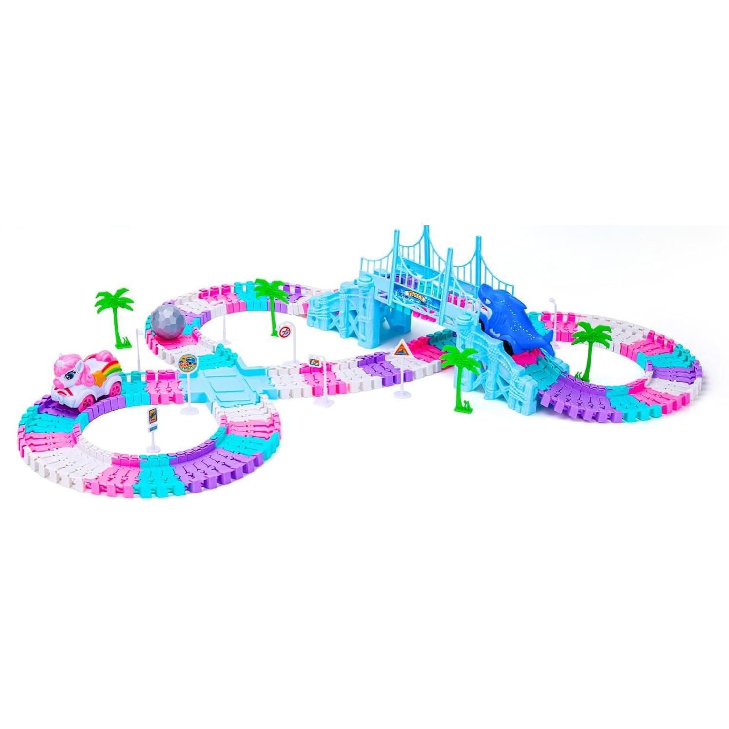 Pista de carreras flexible para niñas de 3 a 6 años con 194 piezas de unicornio y tiburón, plástico ABS, ideal para desarrollo cognitivo y juego cooperativo, Pista de Tren (168 pistas + 2 coches + 24 accesorios)