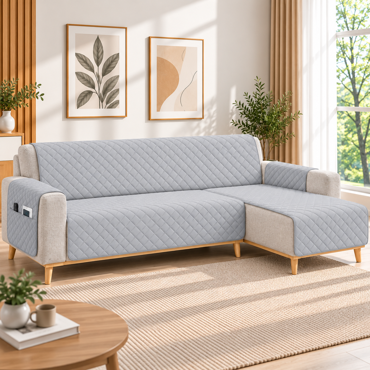 Kynley Protector de Sofá Chaise Longue Acolchado, Funda Cubre Sofá Antideslizante Lavable con Bolsillo, Protector para Mascotas, Chaise Izquierda/Derecha, 2M/2,4M/2,8M