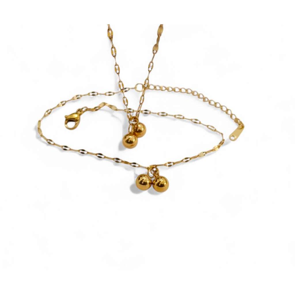 Conjunto de joyas gargantilla con colgantes bolas y pulsera y tobillero a juego acero oro 18K PVD waterproof
