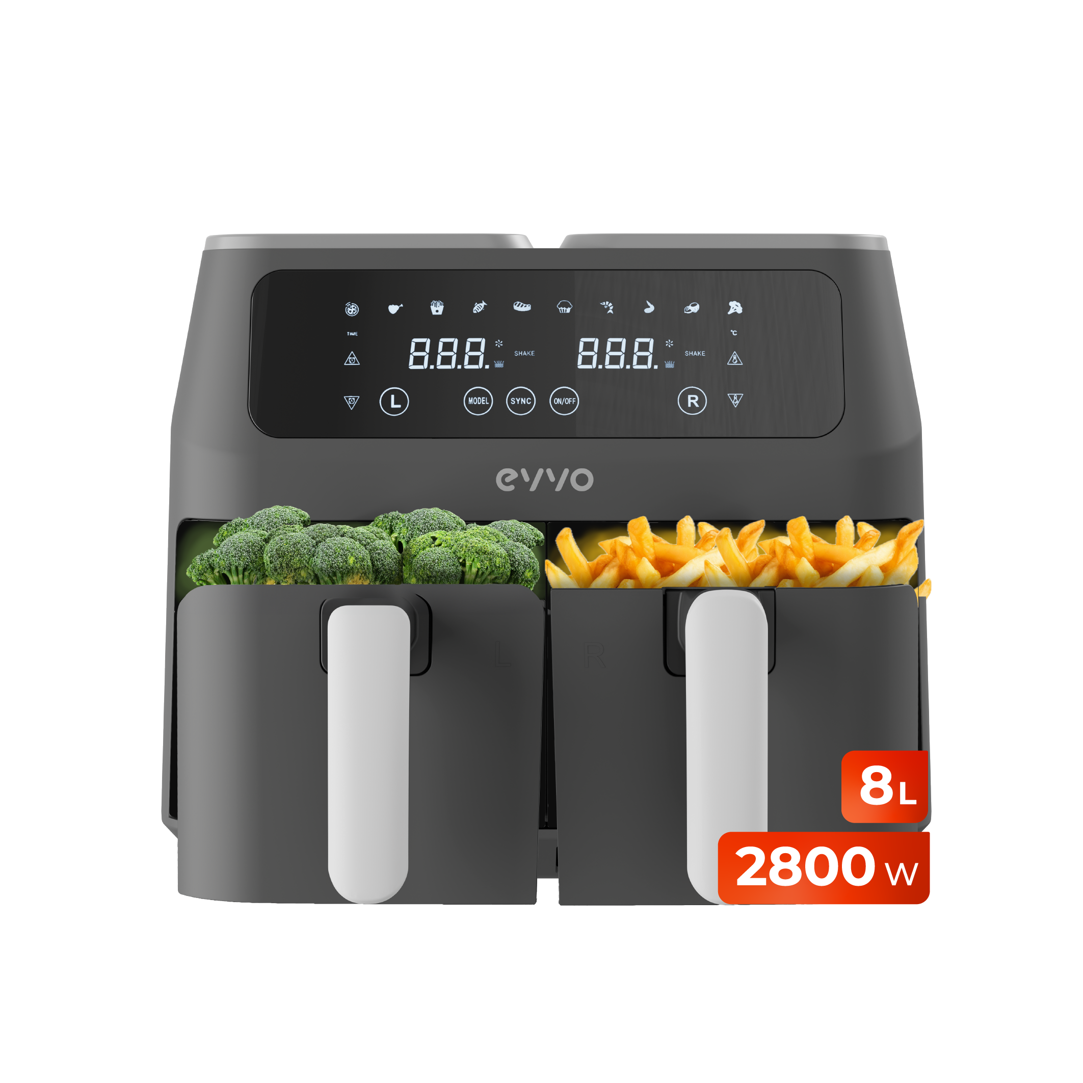 EVVO Freidora de aire sin aceite de 8L, 2800W, Doble Cesta, Antiadherente, Tecnología Dual Cyclone, 10 Programas, Hornea