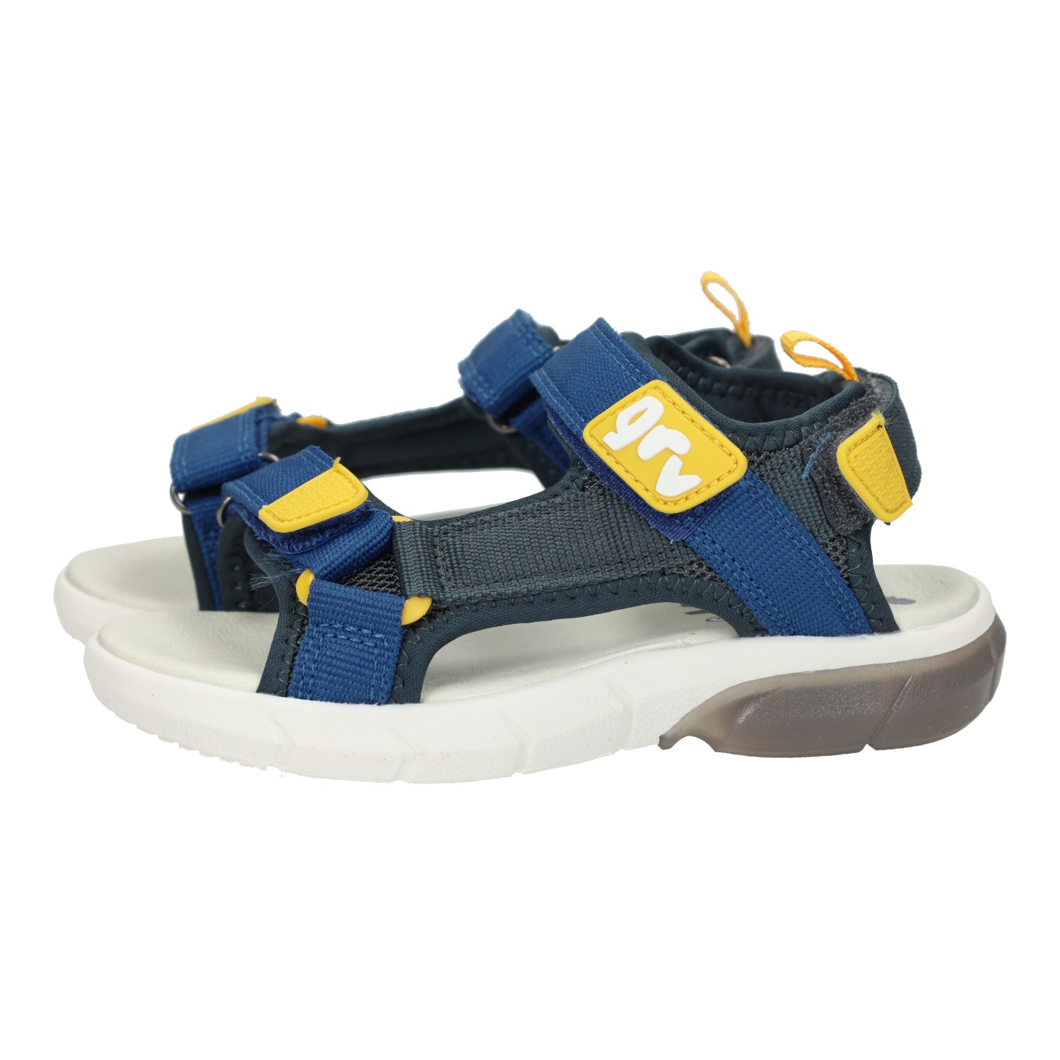 Sandalias marca GARVALÍN para niño en color marino. Sandalias deportivas para niños, color azul marino y amarillo, sandalias con  cinta textil adhesiva para verano