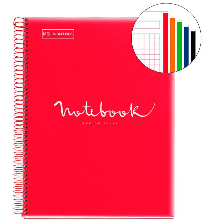 Miquelrius Cuaderno Espiral Notebook 'The Original', A4 con Tapas PVC, 120 Hojas 90 Gramos, Microperforadas con 4 Taladros, Cuadrícula de 5mm, Separadores de Color - Rojo