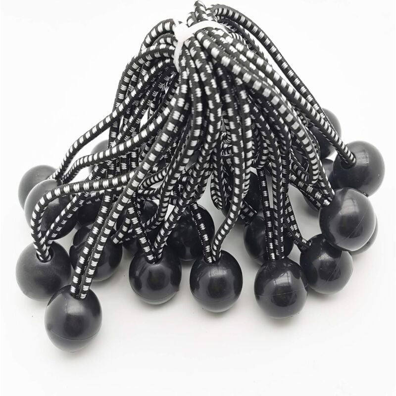 CA 25 cuerdas elásticas profesionales de goma con bola (negras, 140 mm) para tiendas de campaña, lonas y carteles. Cuerda elástica para lona, correa elástica, soporte para lona, goma para lona, cuerda elástica de goma.