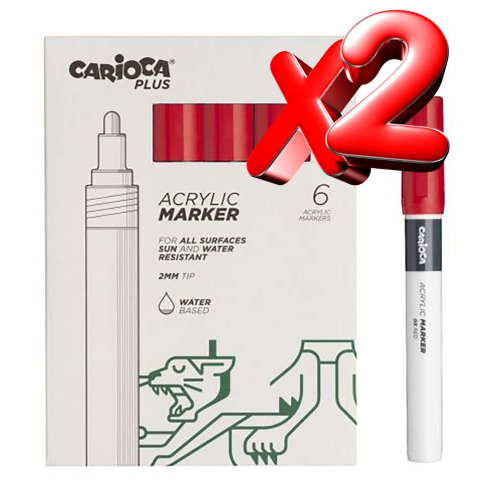 2 Unidades Carioca Plus Pack de 6 Marcadores Acrilicos - Punta 2mm - Color Rojo