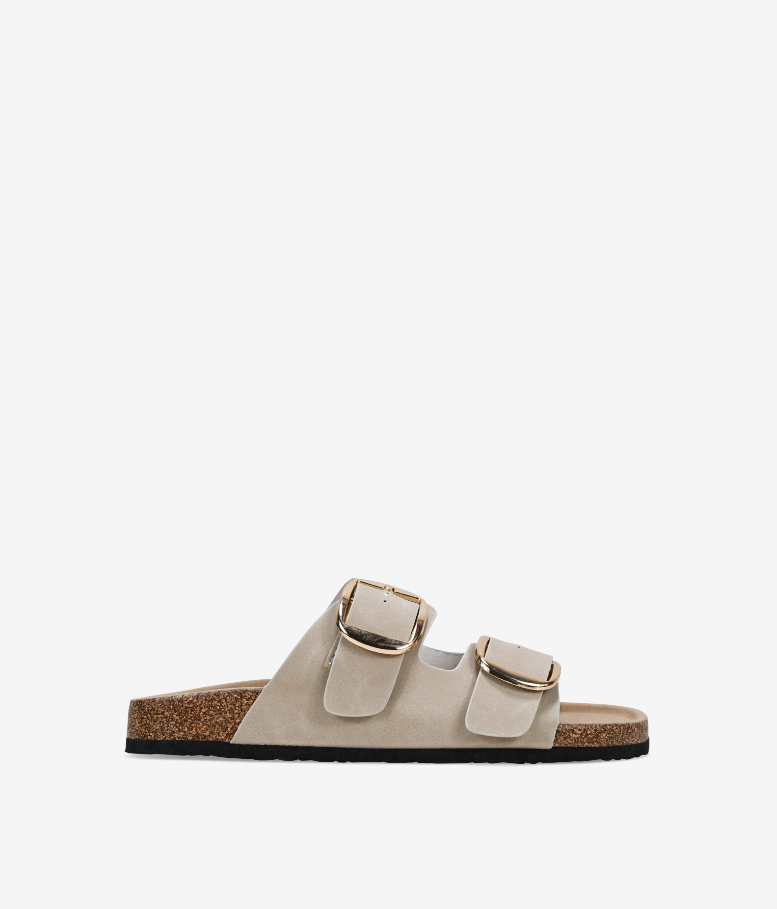 Bosanova Sandalias planas para mujer estilo pala en color beige con detalle de dos tiras con hebillas grandes metálicas y suela bio de corcho. Sin cierre.