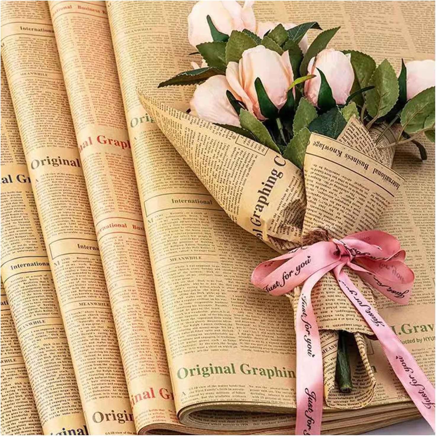 Papel Regalo Kraft Vintage, 20 Piezas Papel de Regalos PARA LA Decoración de Flores de Regalo de Artesanía de Periódicos Cumpleanos Navidad Bodas(50x70 cm)