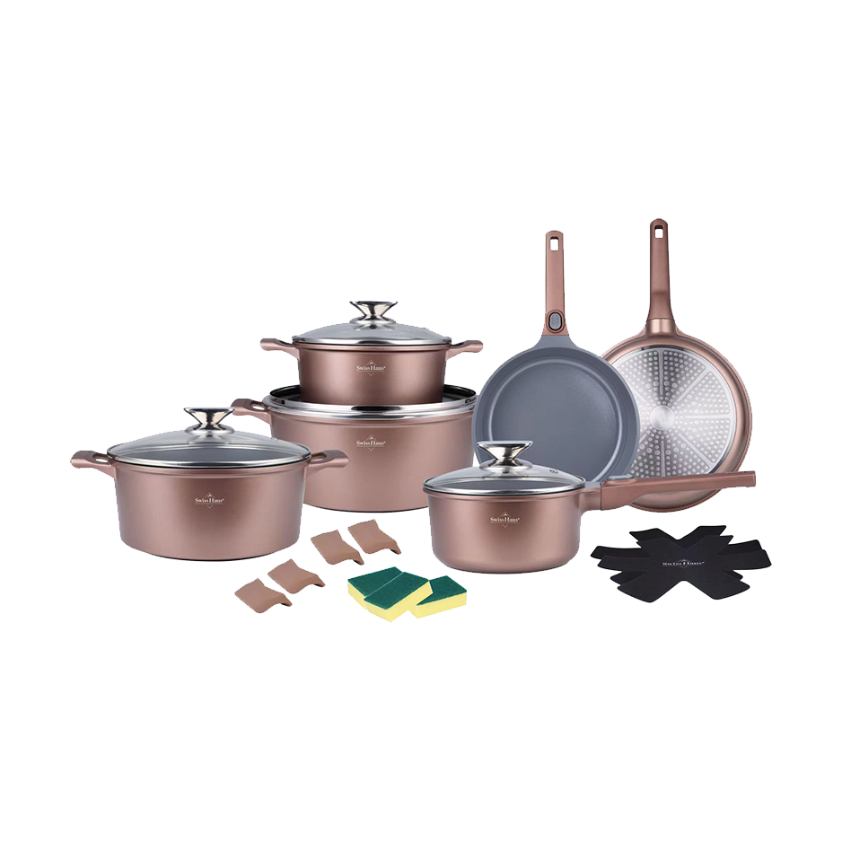 Juego de utensilios de cocina de inducción Swiss Haus® LG3019B - Juego de 19 piezas - Libre de PFAS - Incluye sartenes, ollas y cacerola - Sartenes con mango desmontable - Sartén con revestimiento antiadherente Sapphire™ - Color negro