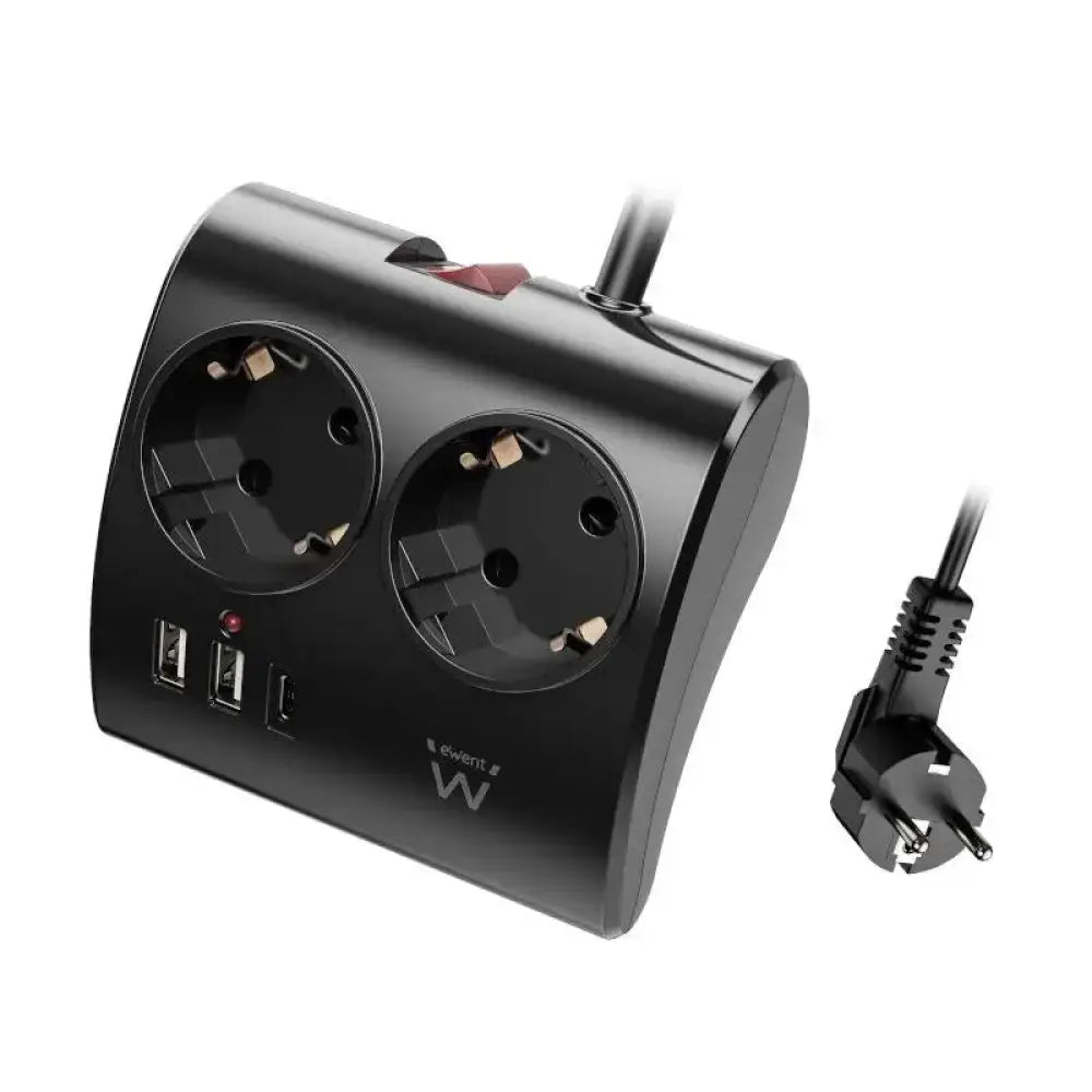 EWENT Regleta de enchufes EW3871 con 2 tomas Schuko inclinadas 45°, 2 USB-A y 1 USB-C PD/QC3.0 para carga rápida hasta 20W, protección infantil integrada y cable de 1,5 m — ideal para escritorio y uso diario