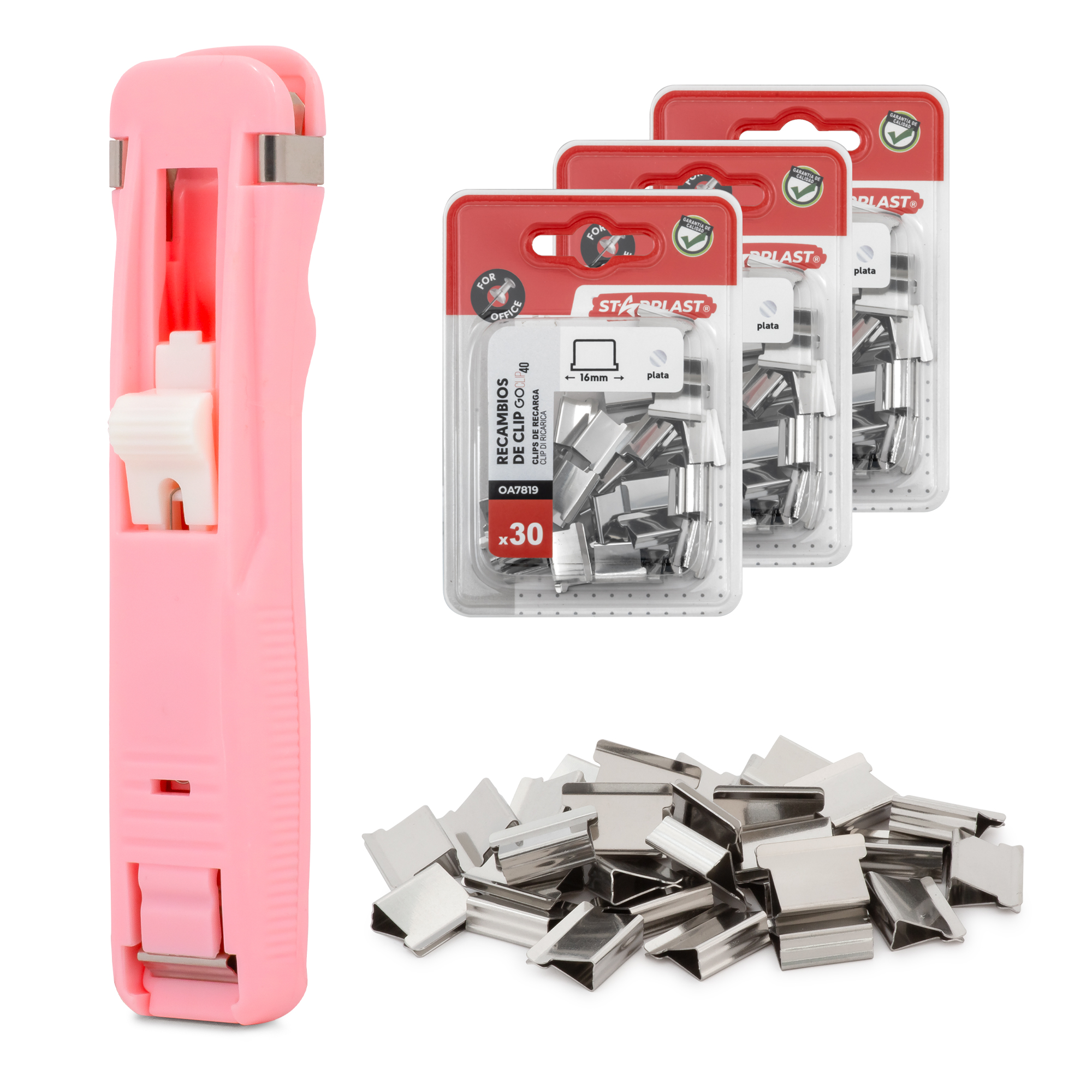 Starplast Dispensador Portátil con 98 Clips Almeja de Recambio - Soporte Papel - Sujeción de Hasta 40 Hojas - Acero Inoxidable - Reutilizable - Rosa