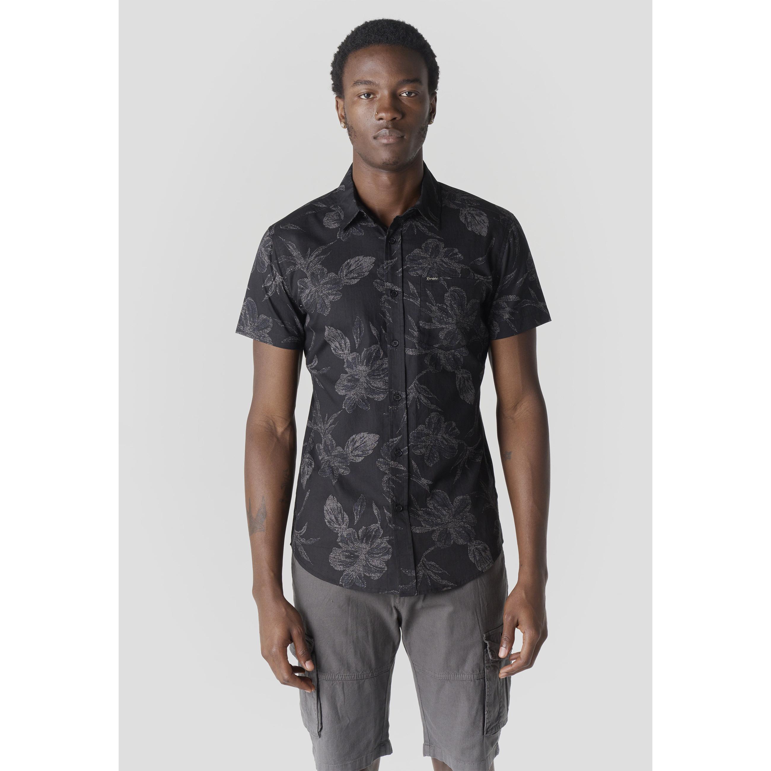 Koroshi - Camisa manga corta para hombre de algodón 100 % con estampado floral tropical all-over, corte casual regular y bolsillo de pecho