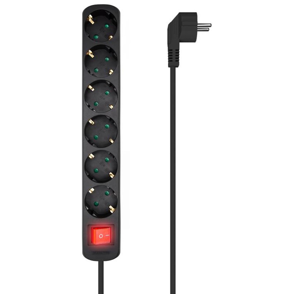 Aisens - Regleta 6 tomas con interruptor 1.4 m negro tipo F para uso interior, protección infantil y cable 3x1.5mm2