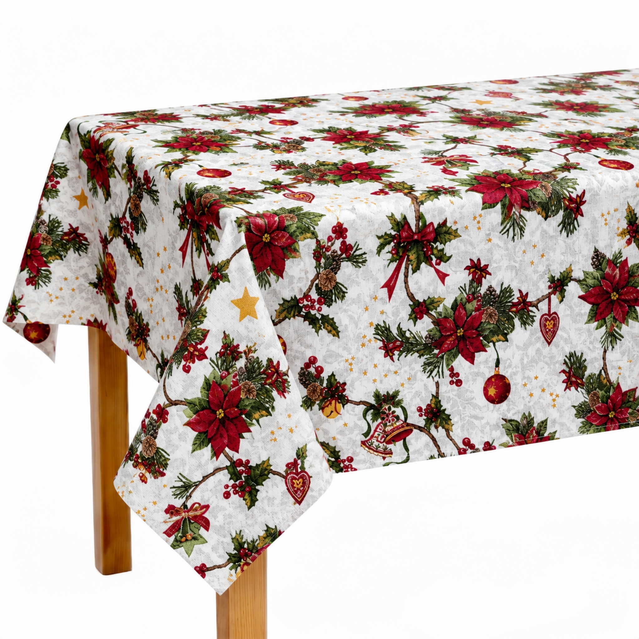 Mantel de Navidad de tela resinada de algodón y poliéster, rectangular, fondo blanco con flores de Pascua y piñas