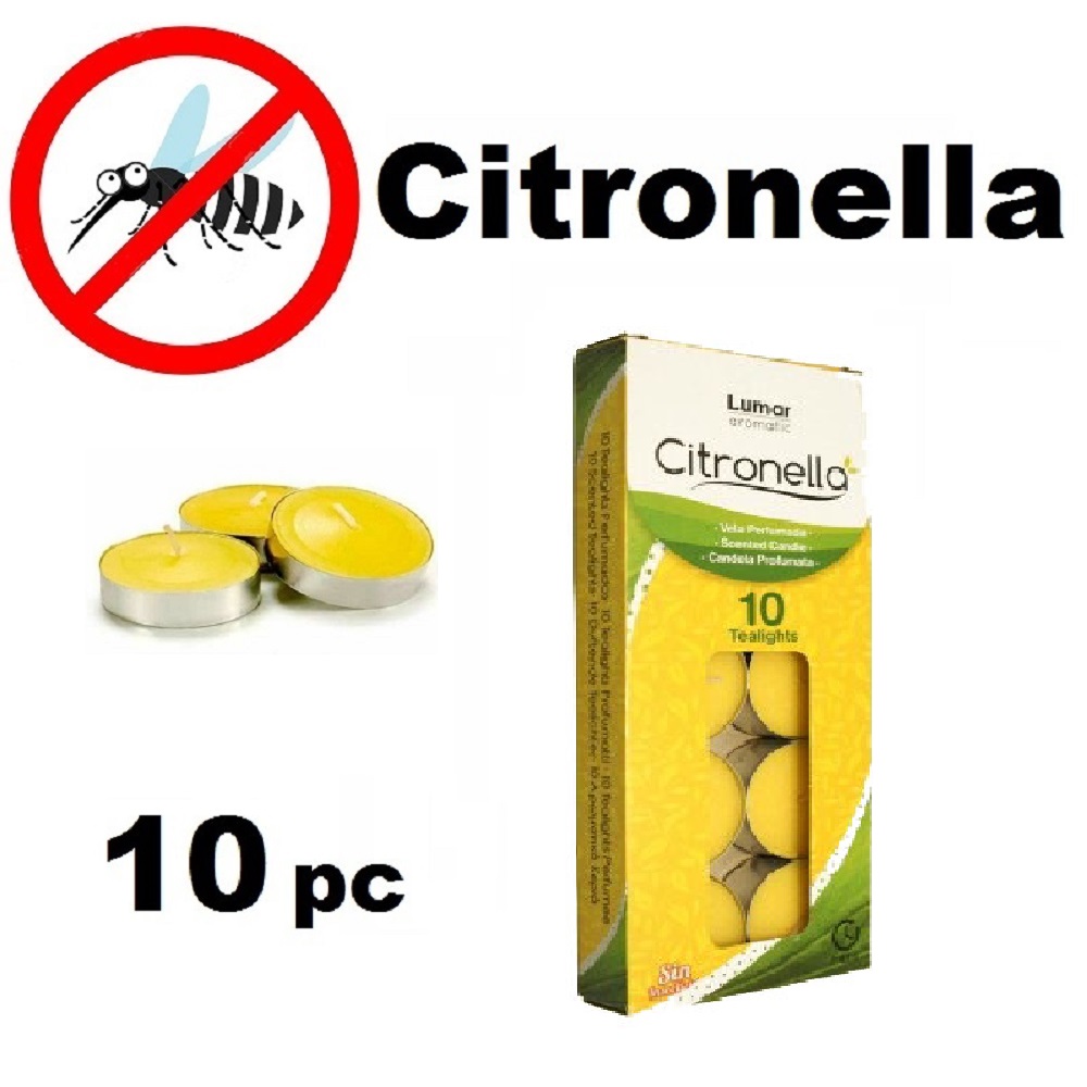 velas citronella antimosquitos ,velas lumar,TEALIGHTS, 4.5 horas duracion, PACK 10 UNIDADES ,color amarillo, decoracion