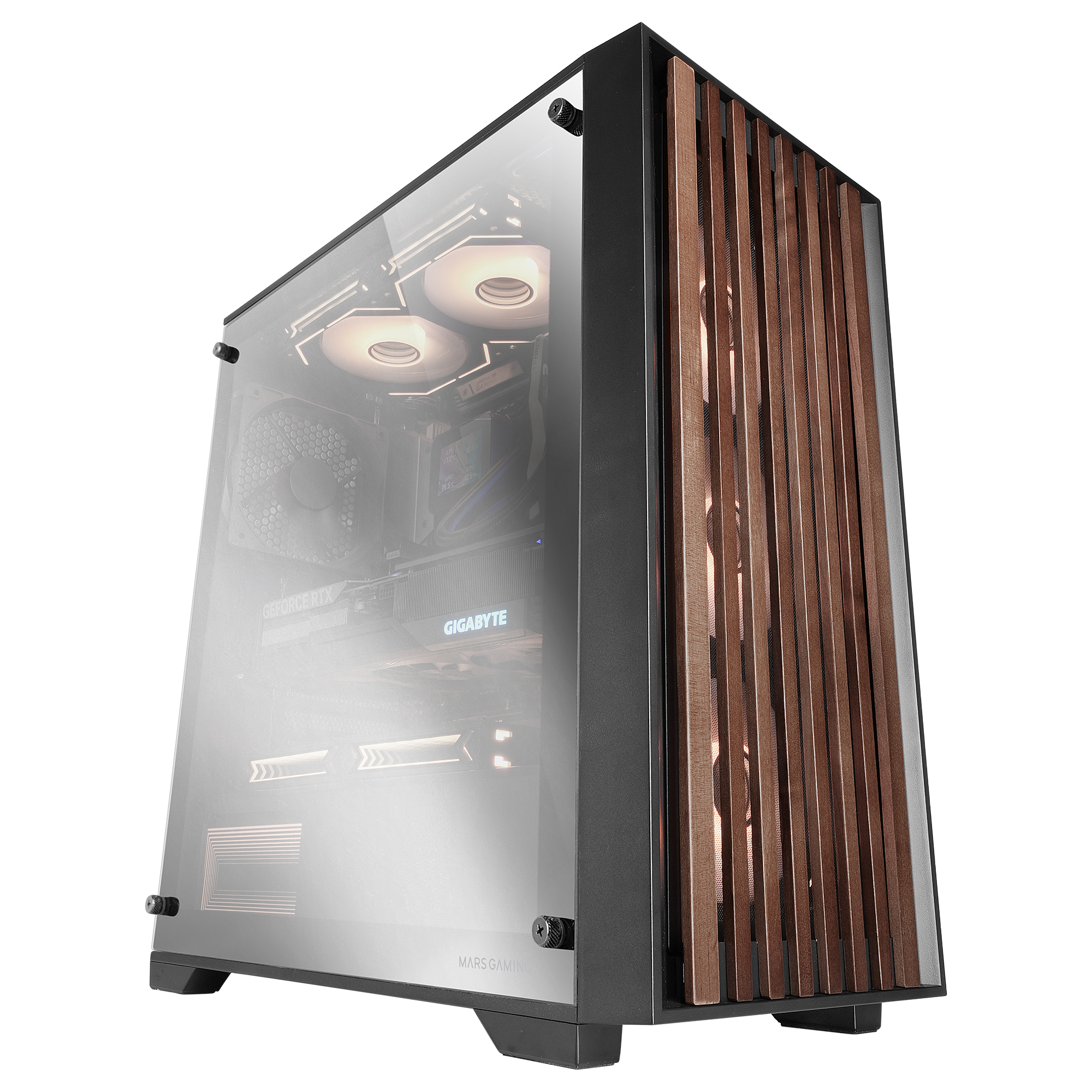 Mars Gaming MC-WOOD, Caja PC ATX, Panel Frontal de Madera, Ventana Lateral, Ventilador FDB 120mm, Refrigeración Líquida hasta 360mm, Doble Cámara, Gestión Cableado, PC Semitorre, Caja PC Negra con Cristal Templado o Cristal Cromado