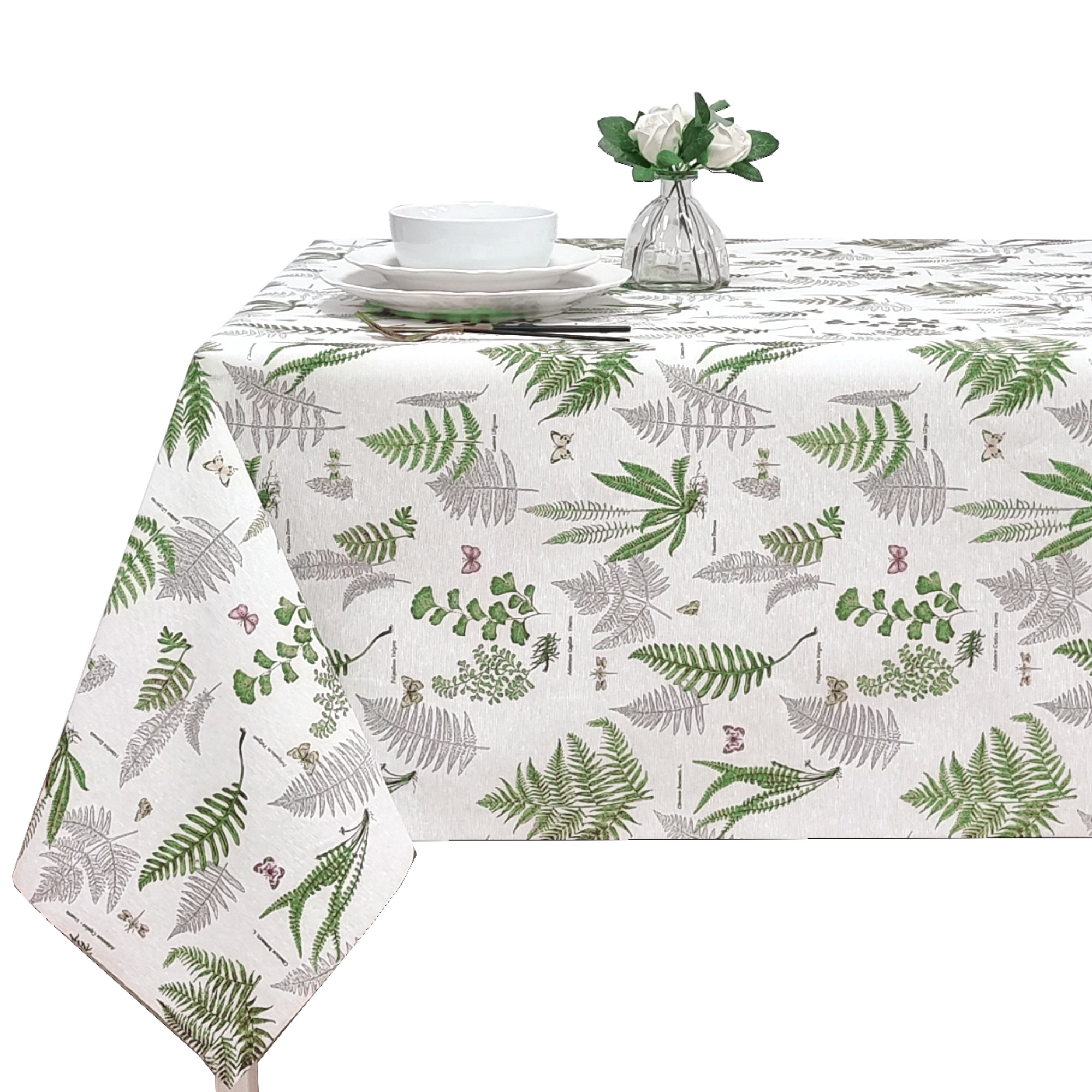 Mantel de Tela Resinada Antimanchas para Mesa Rectangular, Diseño de Hojas Verdes, Fácil de Limpiar para Cocina y Comedor