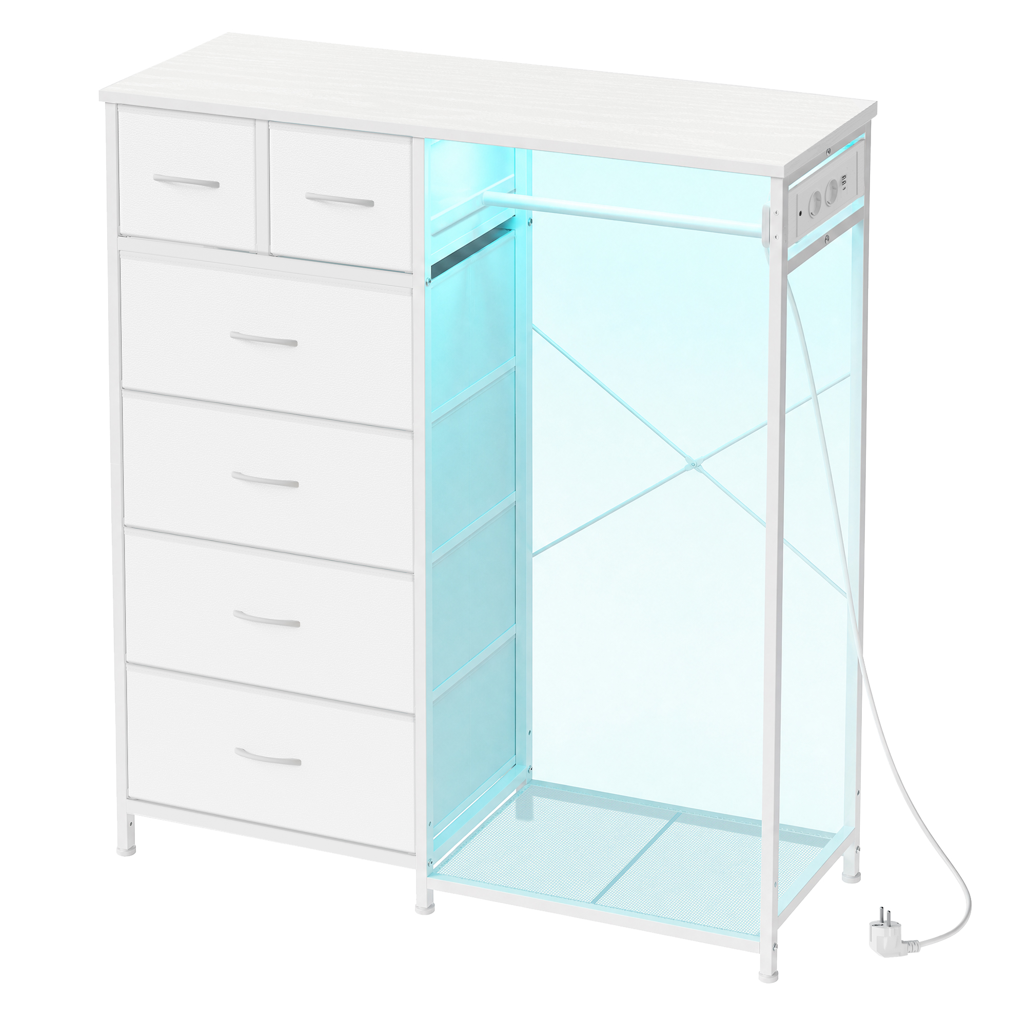 SONGMICS SONGMICS Armario Perchero 3 en 1, Cómoda con 6 Cajones, con Luces LED y Enchufes, Barra de Colgar, Estante, para Dormitorio, Entrada, 102,7 x 35 x 117,6 cm, Blanco Nube