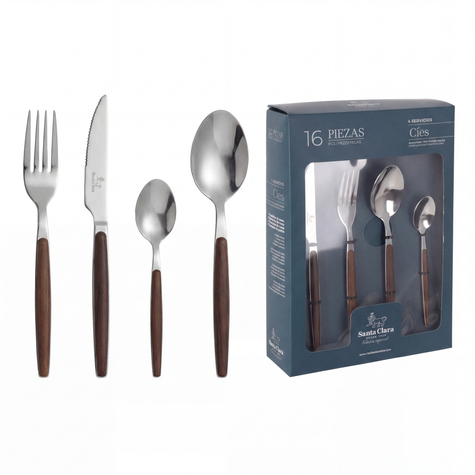 SANTA CLARA | Cubertería completa de acero inoxidable 16 o 24 piezas, juego de cubiertos con cuchillo, tenedor, cuchara y cucharilla de postre, acabado brillo o PVD, servicio para 4 o 6 personas