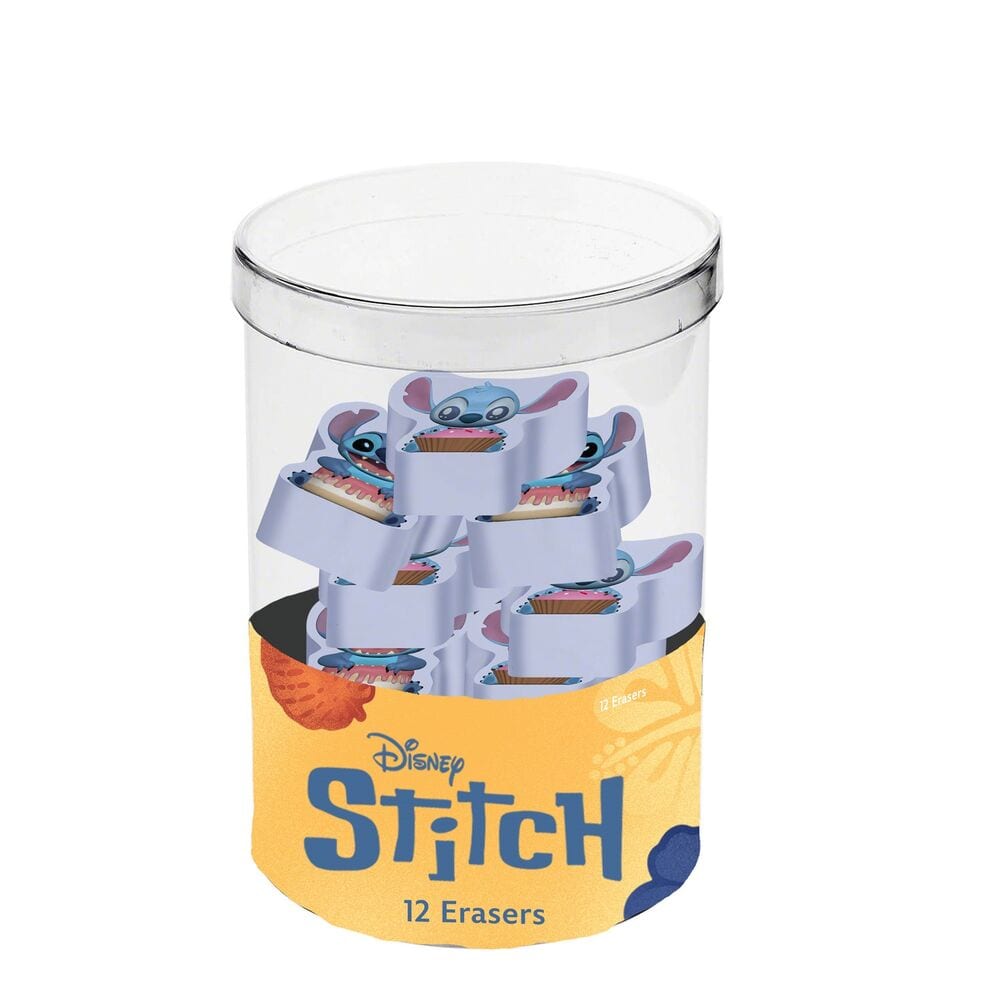 Cubo de Gomas de Borrar Stitch Disney, 12 Borradores Infantiles, en Bote Transparente con Tapa, para Colegio y Manualidades, Idea de Regalo, Coleccion Original, Multicolor