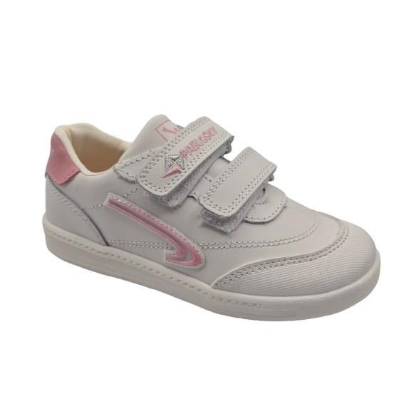 Zapatillas Deportivas Con Velcro Para Niñas, Marca Pablosky, En Color Blanco Con Rosa. Pablosky