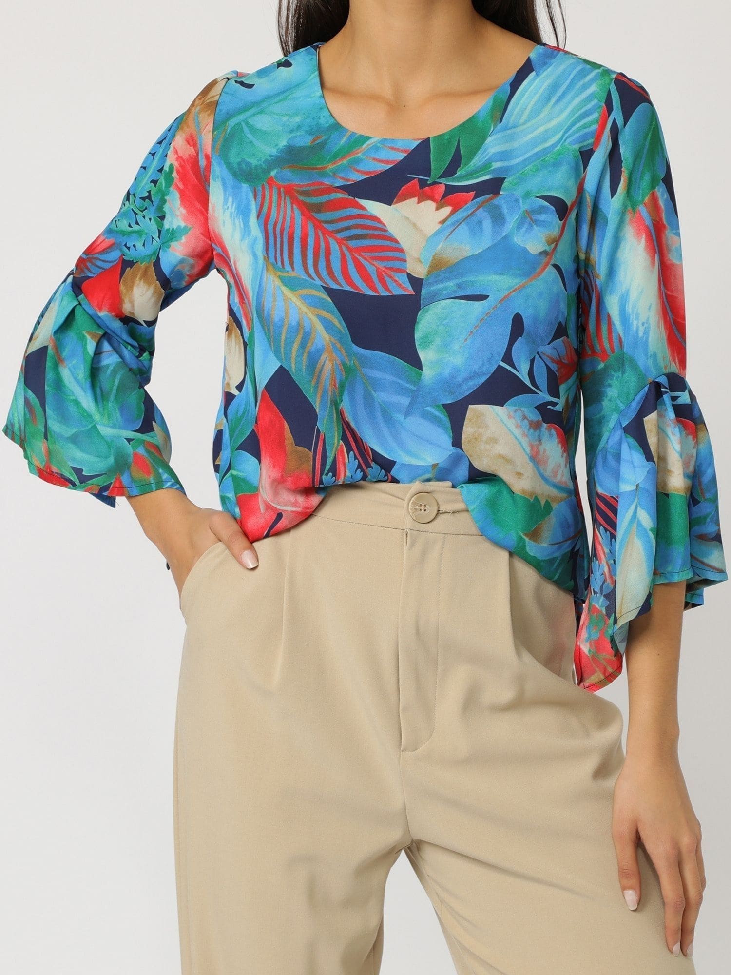 Blusa mujer fluida manga 3/4 volantes, camisa top estampado floral tropical, viscosa transpirable, estilo casual elegante, cierre broche, talla 38, colores vivos, ideal primavera verano ✅Entrega 24/48h