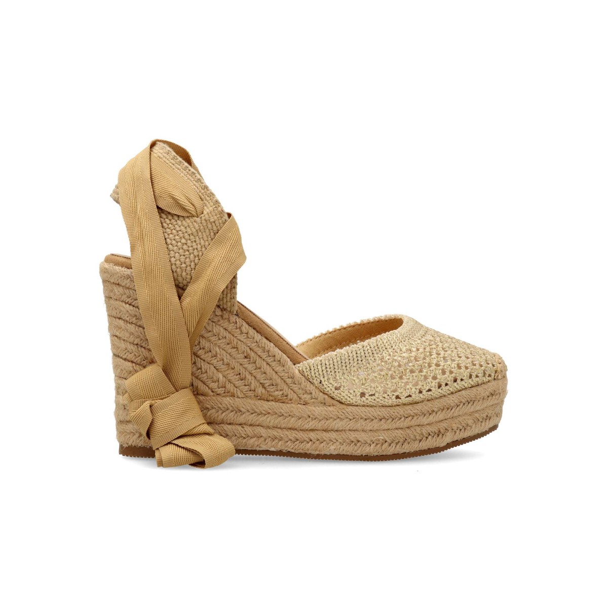 Vanessa Calzados - Sandalias esparteñas Valenciana con cuña alta de 9,5 cm, cierre de cintas al tobillo y suela de yute sobre goma, color oro
