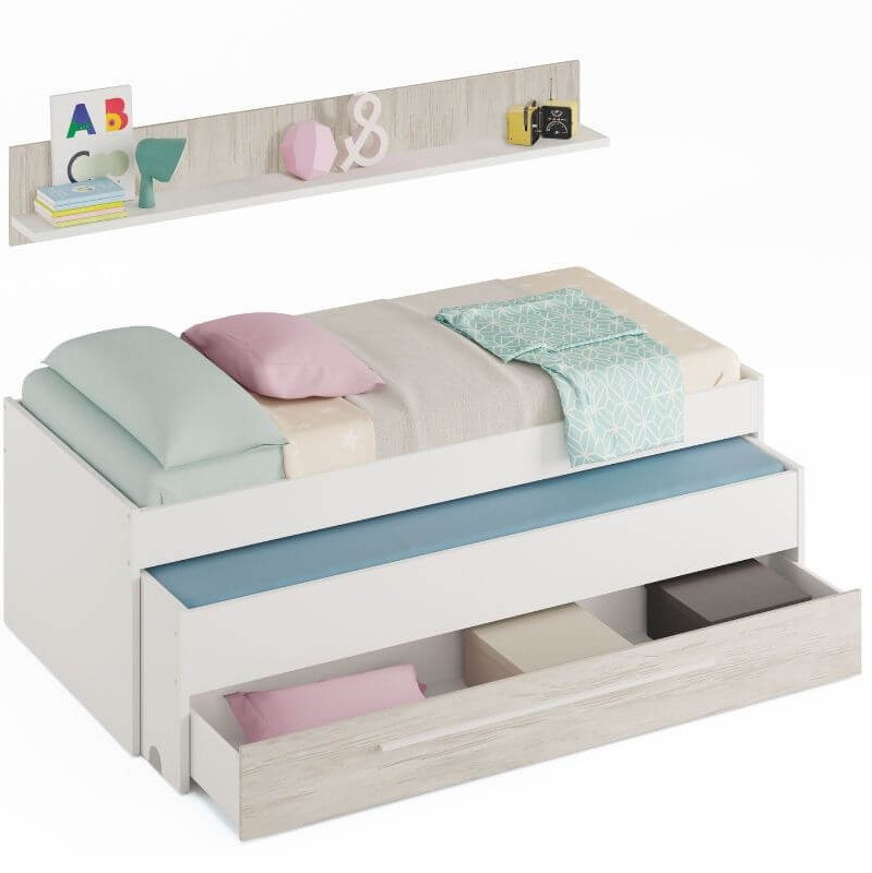MOBELCENTER - Cama Nido Juvenil Elliot 2 Camas 1 Cajón 1 Estante - Color Blanco Artik y Blanco Velho - Ancho: 199cm x Fondo: 96cm x Alto: 65cm (1383)