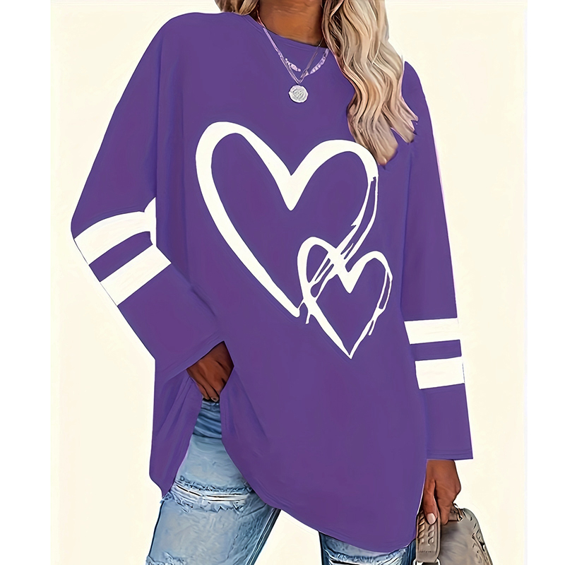 TK Camiseta De Mujer Talla Grande Con Estampado De Corazón Cuello Redondo Manga Larga Estirada Suavemente Para Otoño E Invierno
