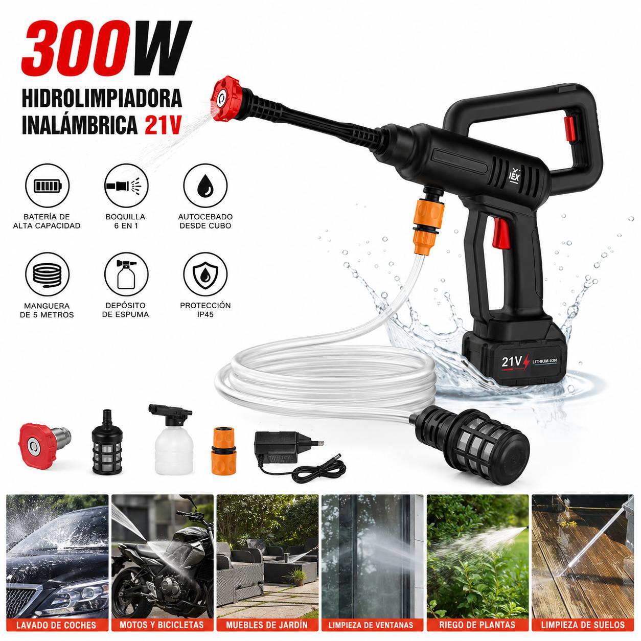 Pistola de lavado a presión inalámbrica 21V | 3 modos, 15000mAh, para coche y jardín
