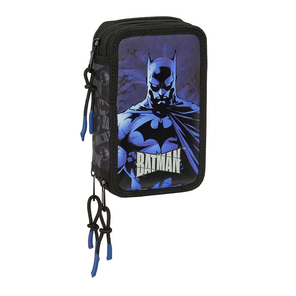 SAFTA | Plumier Triple Batman, 37 Piezas, Portatodo Escolar Organizador con 3 Compartimentos y Cremallera, Incluye Rotuladores, 16 Lápices de Colores, Regla y Semicírculo