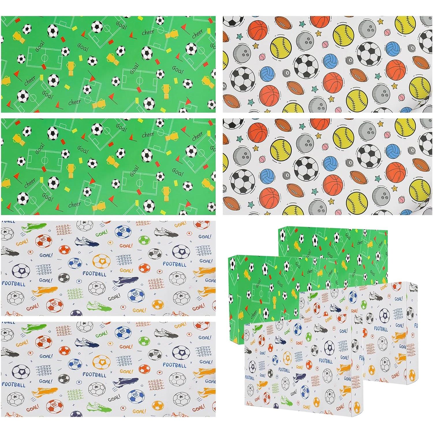 Papel de Regalo 6 Hojas, 70x50cm Papel de Regalo de Fútbol, Envoltura de Regalo de Cumpleanos, Papel de giuno Verde para Niños, Familia, Amigos