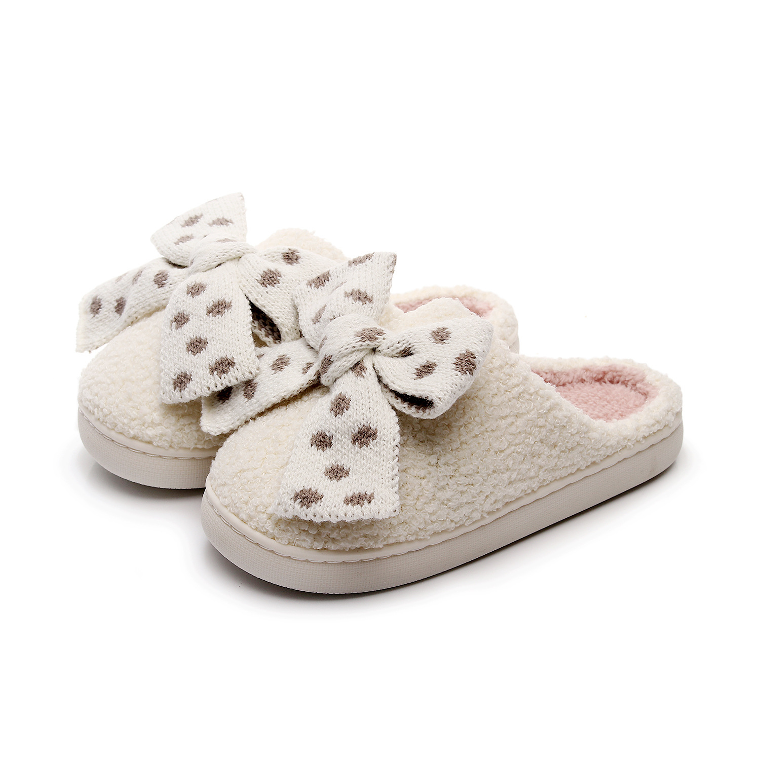 TK Pantuflas suaves y afelpadas con lunares rosas y grises – pantuflas cómodas con lazos, forro rosa y beige, para mujer y hombre