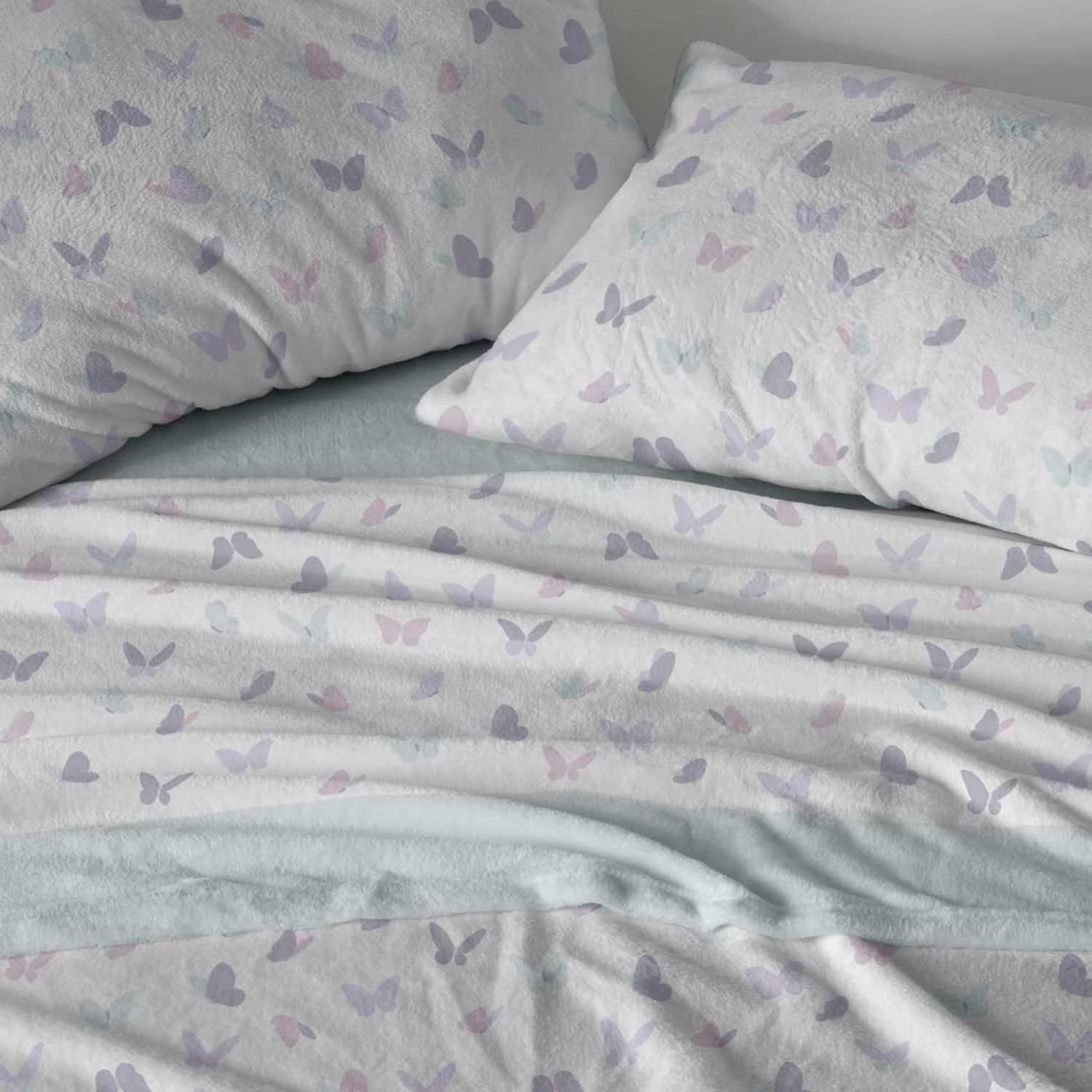 Juego Sábanas BURRITO BLANCO Tejido Coralina Diseño Mariposas Agua - Tacto Suave, Cálido y Ligero - Cama 90-150cm